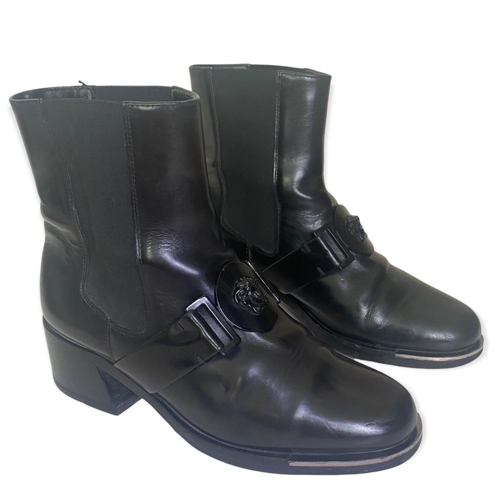 Versace Black Leather Ankle Boots with Medusa Buckle